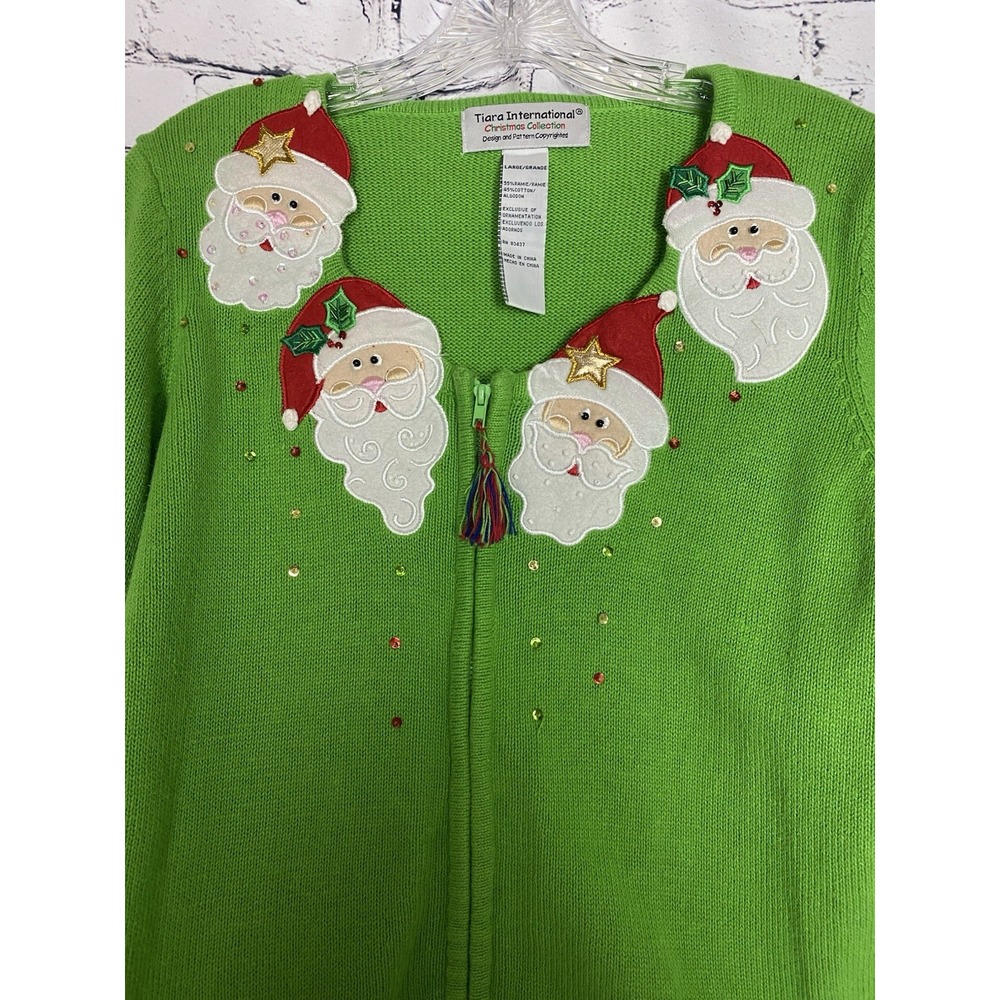 Vtg Tiara International L Ugly Christmas Sweater Cardigan Santa Zip Front Green